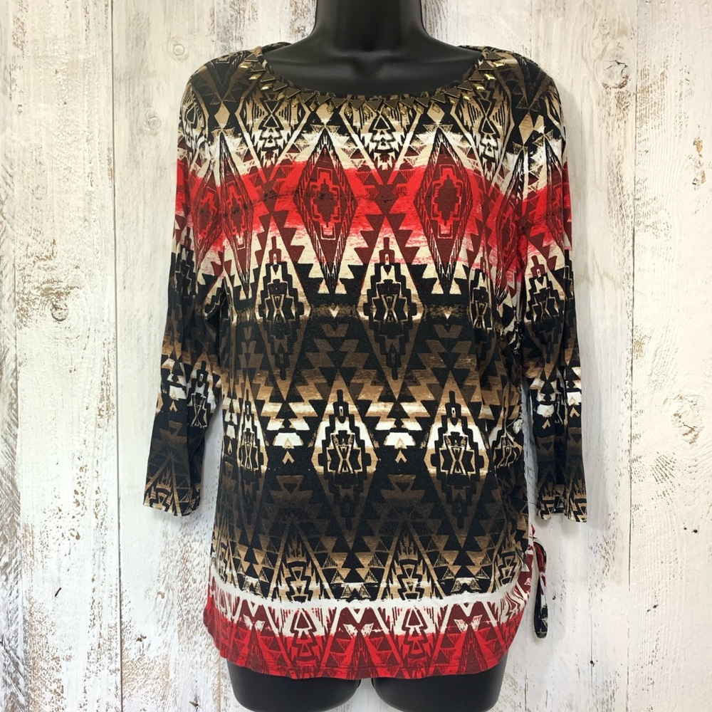 Ruby Rd. Aztec Southwest Boho Beaded 3/4 Sleeve M